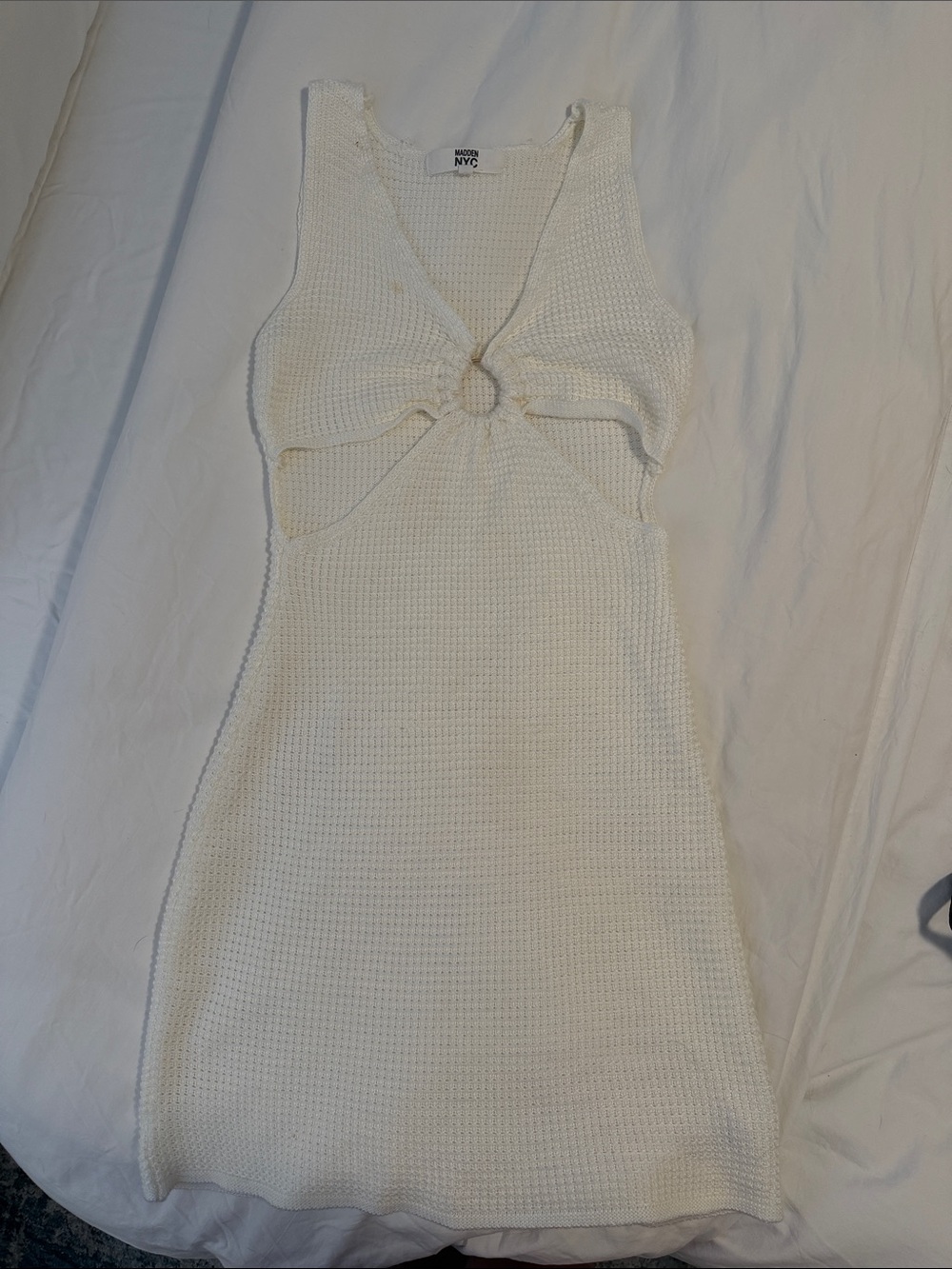 Sleeveless Cream Knit Ring-Detail Mini Dress